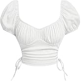 BEAUDRM Women's Ruched Crop T Shirt Puff Sleeve Drawstring Side Slim Tee Top