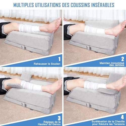 Leg Raise Cushions, Adjustable in 4 Heights, Ideal for After Surgery, Injuries or Relaxation, Orthopaedic Memory Foam, with 3 Handles and a Removable Insert, Washable Velvet Cover