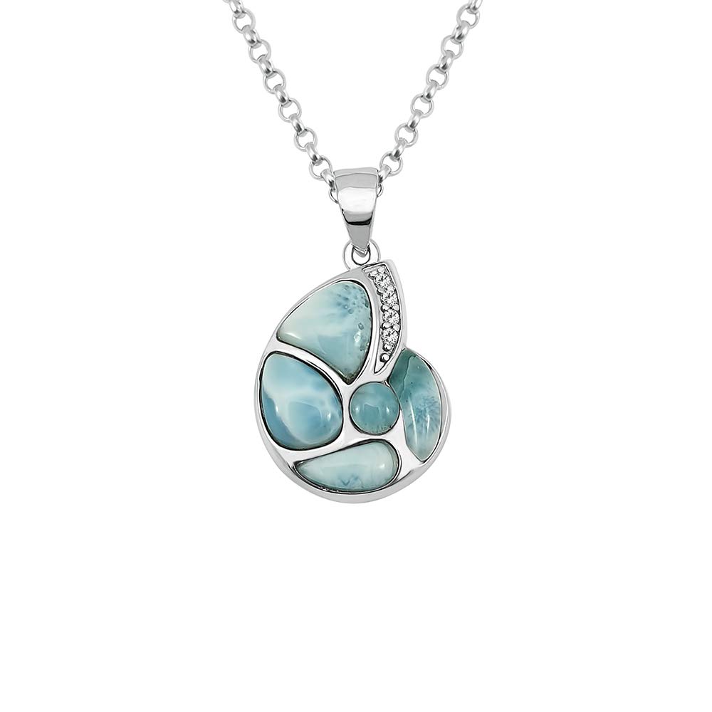 Kiara Jewellery 925 Sterling Silver Snail With CZ Pendant Necklace Inlaid With Natural Larimar on 18" Sterling Silver Belcher Chain. Rhodium Plated.
