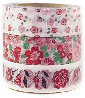 Japanese Washi Masking Tape by Minas Crafts, 0.6 Inches Wide, 32.8 Feet Long, Set of 3 - Roses are Red