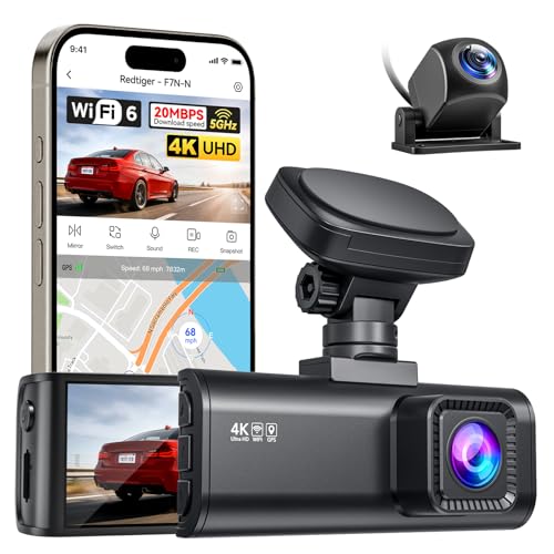 REDTIGER F7N-N Dash Cam Auto 4K Fronte e Retro, WiFi 5.8GHz 20MB/s con APP, Dashcam 2160P/FHD GPS Preciso, WDR, Schermo 3.18", Visione Notturna, Monitor Parcheggio 24H (Senza Scheda)