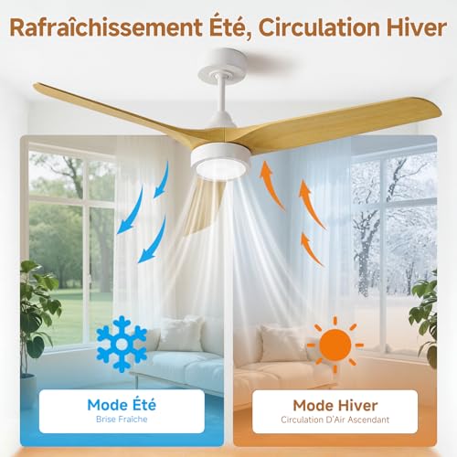 Ateroll Ventilateur Plafond Télécommande Lustre Ventilateur de Plafond Silencieux, Ø132 cm en ABS, Ventilateur Dimmable Plafonnier 6 Vitesses, Minuterie 3 Températures LED Chambre, Salon & Terrasse