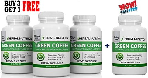 #1 Rated Pure Green Coffee Extract | 4 Bottle Pack | 240 Capsules I 4 Month Supply | 800mg at 50% Chlorogenic Acid I Lose Weight, Burn Fat, Cleanse, Natural Appetite Suppressant | Free Shipping