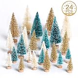 OurWarm 24Pcs Artificial Frosted Sisal Christmas Tree, Bottle Brush Trees with Wood Base DIY Crafts Mini Pine Tree for Christmas Home Table Top Decor Winter Ornaments Green, Gold and Ivory