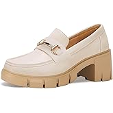 Coutgo Womens Chunky Platform Lug Sole Loafers Mid Heel Square Toe Dress Walking Work Shoes with Buckle Chain