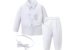 Booulfi Christening Baptism Outfits Long Sleeve White Boys Suit, 5 pcs Baby Boy Clothes Toddler Suits