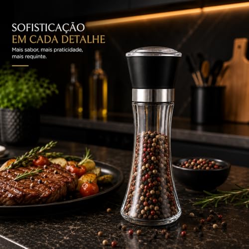 Kit 2 Moedores de Sal e Pimenta Vidro e Plástico Ajuste de Moagem Design Transparente para Temperos