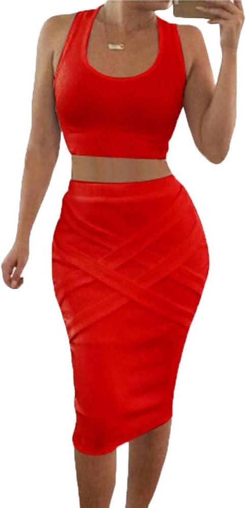 Kearia Womens Crop Top Midi Skirt Outfit Two Piece Bodycon Bandage Dress