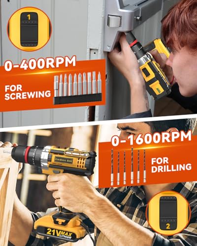 Cordless Hammer Drill Set, 21V Impact Drill Driver and Screwdriver Set with 2 Batteries, 25+3, 10mm Heave Duty DrillChuck, 2 Speed Power Combi Battery Drill Set with 87 Accessories for Home DIY Gift