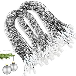 200pcs Christmas Ornaments String Hanger Silver Precut Ribbon Hook for Christmas Tree Ornament Decorations with Snap…
