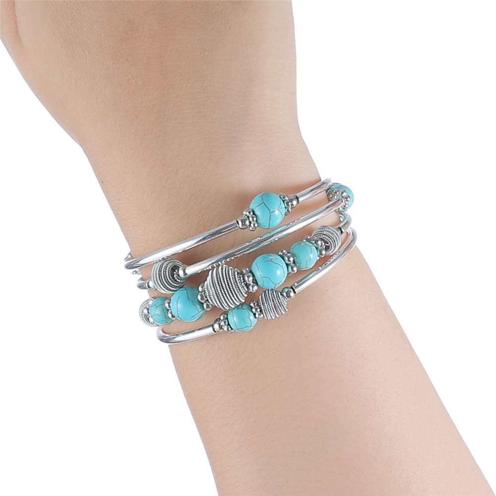 PEARL&CLUB Beaded Chakra Bangle Turquoise Bracelet - Fashion Jewelry Wrap Bracelet with Thick Silver Metal and Mala Beads, Birthday Gifts for Women (A:Turquoise): Jewelry