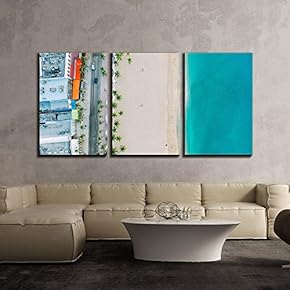 3 Piece Canvas Wall Art - an Aerial View of The Tropical Beach with White Sand - Modern Home Art Stretched and Framed Ready to Hang - 16"x24"x3 Panels