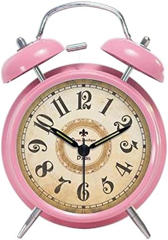 Foyou Retro Metal Analog Quartz Silent Twin Bell Alarm Clock with Nightlight and Loud Alarm ( Arabic Numerals, Pink )