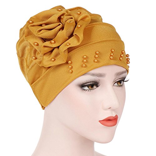 Unpara 2018 Women Muslim Turban India Ruffle Cancer Chemo Hat Beanie Scarf Head Wrap Cap With Bead (Yellow)