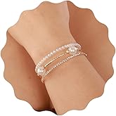 YERTTER Wedding Gold 3 Row Pearl Rhinestone Stunning Bracelet Layered Adjustable Stretch Wrap Cuff Bridals Crystal Strand Bracelet Gift for Women Brides (Gold 4)