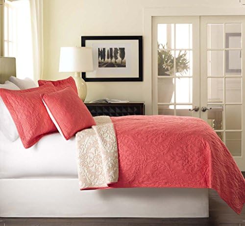 Tache 3 Piece Solid Rose Pink Luxembourg Coral Reversible Bedspread Set, Cal King