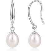 EAMTI Freshwater Pearl Earrings for Women 925 Sterling Silver Cultured Handpicked Pearl Dangle Drop Earrings Hook Earrings Hypoallergenic 7-7.5MM