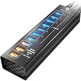 SmartDelux Powered USB Hub - 10-Port USB 3.0 Hub with 7 USB 3.0 Ports, 3 Smart Charging Ports, Power Adapter, Long Cord, LEDs - Black Aluminum