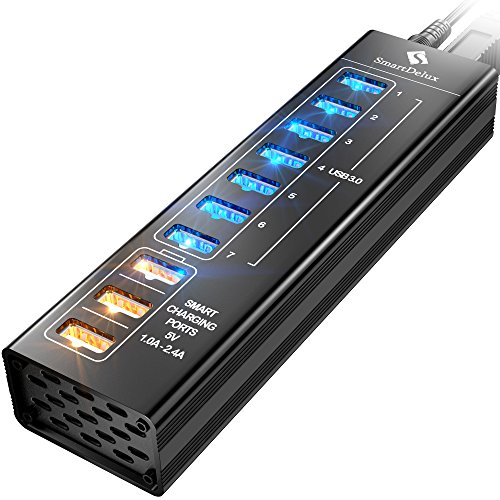 SmartDelux Powered USB Hub - 10-Port USB 3.0 Hub with 7 USB 3.0 Ports, 3 Smart Charging Ports, Power Adapter, Long Cord, LEDs - Black Aluminum