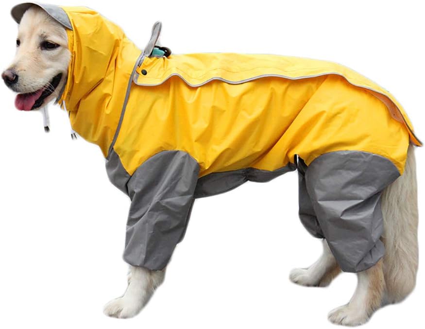 TFENG Dog Raincoat with Removable Hoodie, Outdoor Adjustable Drawstring, Magic Tape Waterproof Rain Jacket with Hood Collar Hole Yellow Size 14