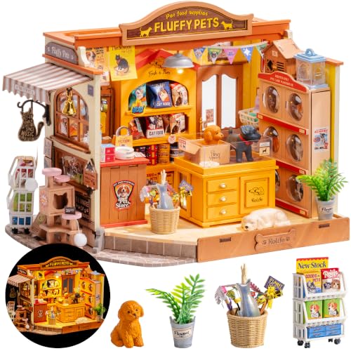 Rolife DIY Miniature Dollhouse Fluffy Friends Store 397 Pcs Wood Kit | 1:18 Scale LED Lighting Grooming Salon 7H Mounting Snap-Fit Intermediate Wooden Puzzle 3D Gift Adult Teen