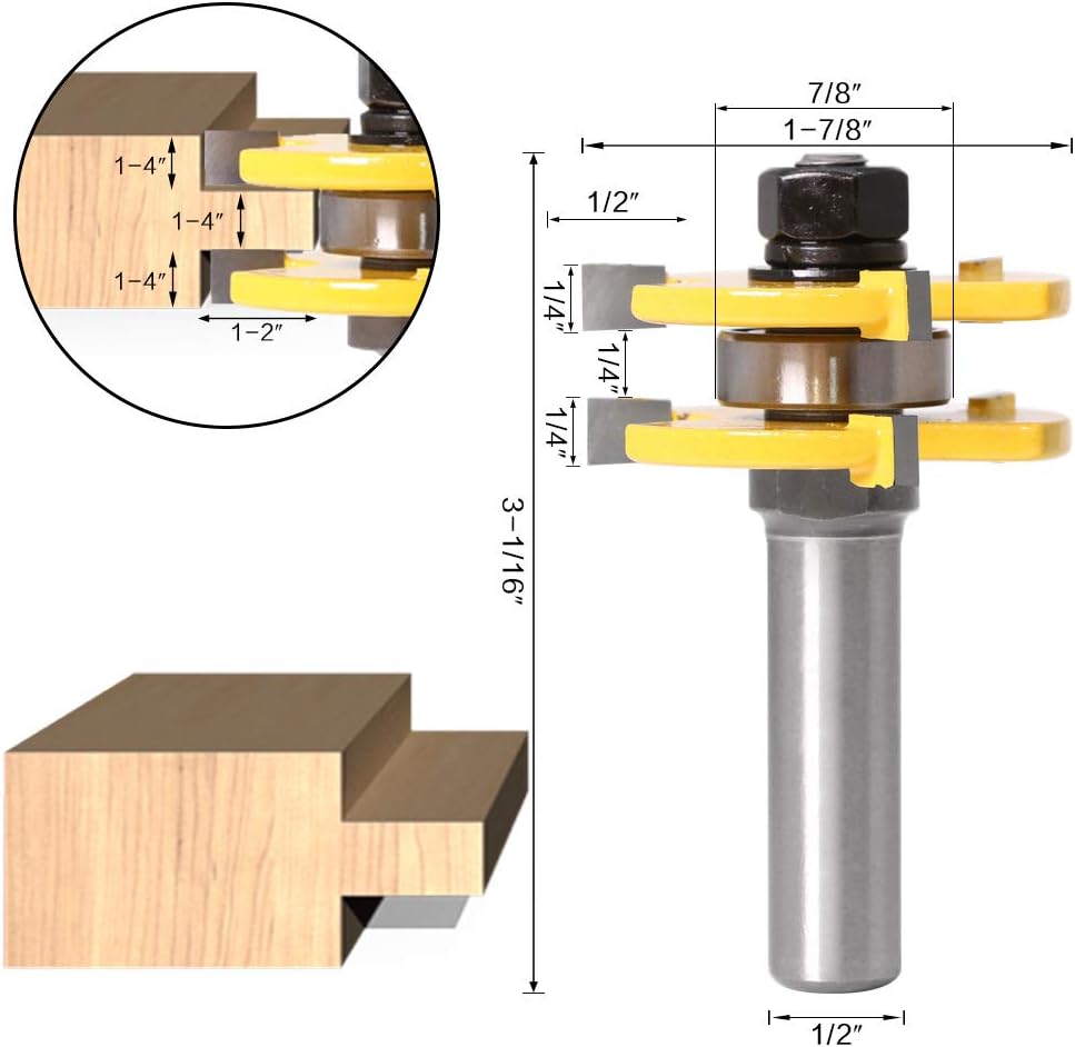 GAFeng 3PCS Tongue and Groove Router Bit Tool Set 1/2 Inch Shank+45°Lock Miter Bit 1/2 Inch Shank For Doors, Tables, Shelves, Walls, DIY Woodwork - - 