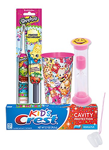 Shopkin 4pc. Bright Smile Oral Hygiene Set! Shopkins Turbo Powered Toothbrush, Crest Kids Sparkling Toothpaste, 2 Minute Timer & & Mouthwash Rinse Cup! Plus Bonus 