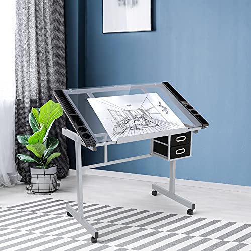 ZENY Adjustable Drafting Table, Glass Art Table Artist Drawing Desk