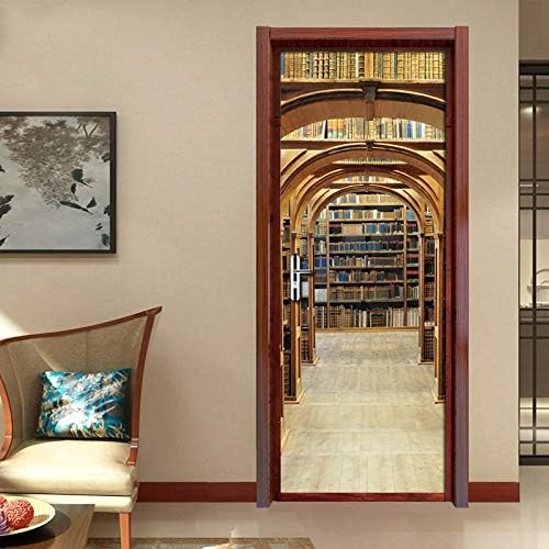 Retro Bookcase Mural Wallpaper PVC Waterproof Door Stickers Bedroom Living Room Door Poster Po Wall Paper Papel De Parede 3D