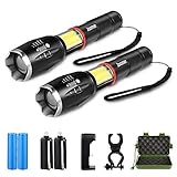 2 Pack High Lumen Flashlight, 1000 Lumen, Zoomable, 6 Modes, Cree LED, Waterproof Handheld Flashlight with COB Working Light, Rechargeable Battery & Charger & Bicycle Mount Included