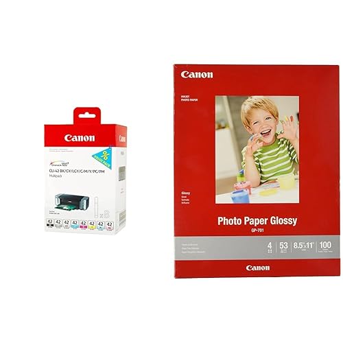 Canon CLI-42 8 PK Value Pack Ink, 8 Pack Compatible to PIXMA PRO-100 & Ink Glossy Photo Paper 8.5" x 11" 100 Sheets (1433C004)