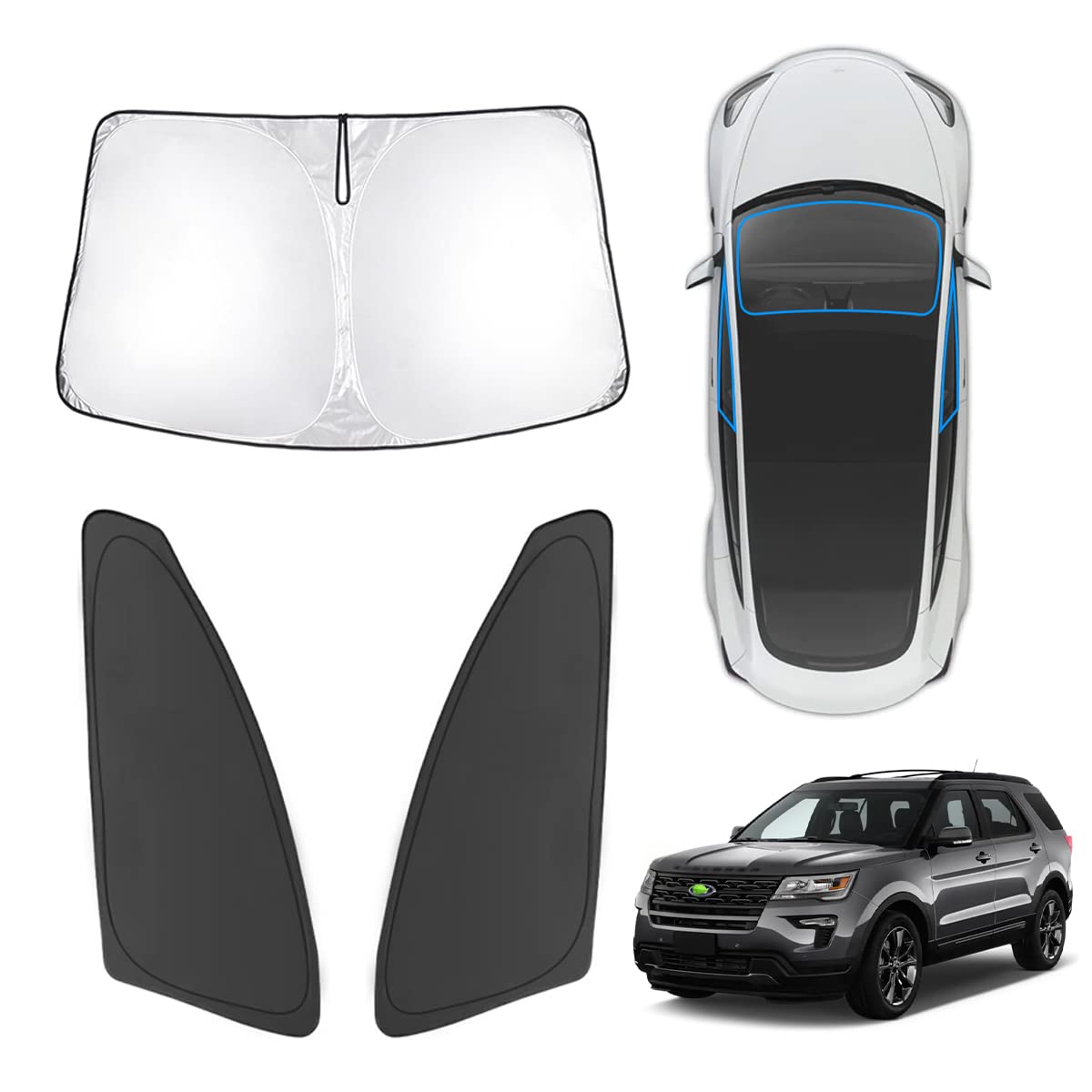 Karltys 3PCS Windshield Sun Shade for 2011-2019 Ford Explorer, Thickened Reflective Front and Side Window Sunshade Custom Fit Explorer, Foldable Sun Visor Protector Blocks Heat UV Rays Image Karltys 3PCS Windshield Sun Shade for 2011-2019 Ford Explorer, Thickened Reflective Front and Side Window Sunshade Custom Fit Explorer, Foldable Sun Visor Protector Blocks Heat UV Rays Image