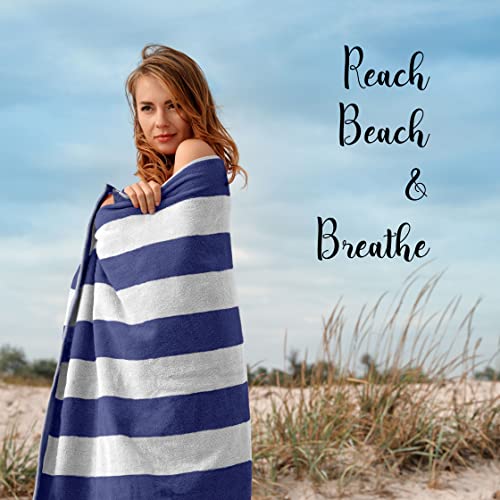 SweetNeedle Beach Towels for Adults Pack of 2 - Royal Blue-White Cabana Striped Classic - 100% Cotton Terry Ringspun Pool Towel, Quick Dry, Super Absorbent Swimming large towel, 76x152 cm