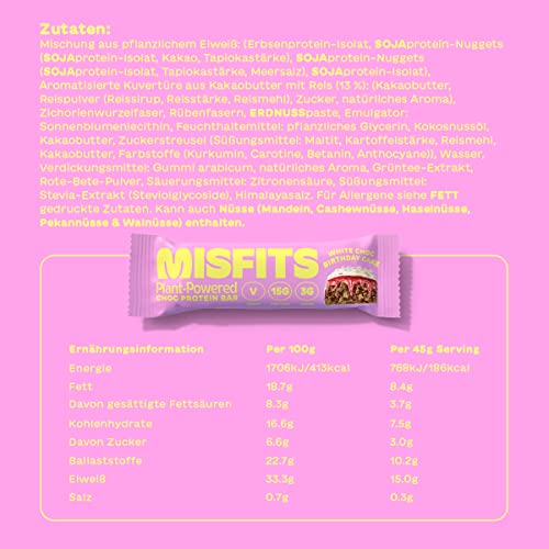 Misfits Vegan Protein Bar, Birthday Cake Bar, Plant Based Chocolate