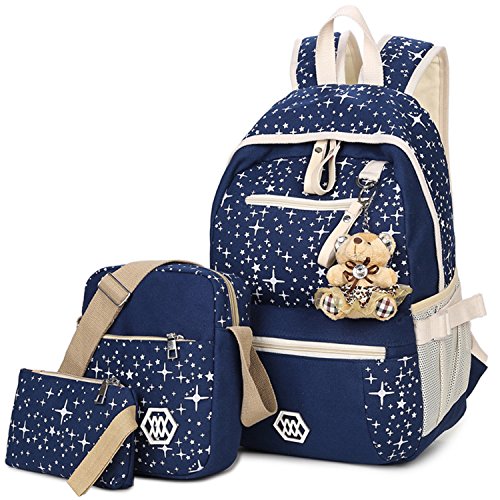 Cute Lightweight Canvas Backpack Set 3 Pieces Bookbag School Backpack for Girls