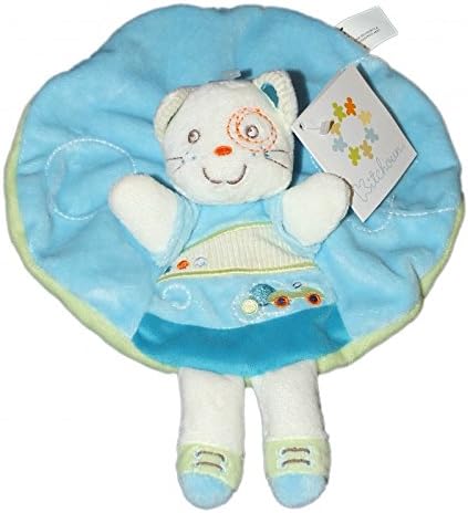 Doudou plat rond CHAT blanc bleu vert Nicotoy Kitchoun Kiabi