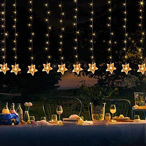 MaLivent Star Curtain String Light, 100 LED Window Curtain Lights Plug in Curtain String Lights with 10 Stars 8 Flashing Modes Decoration for Wedding, Bedroom,Birthday (Warm White)