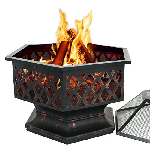 ZENY 24" Portable Fire Pit Outdoor Wood Burning Firepits Hex Shaped Home Outside Porch Fireplace Bonfire Pit Campfire w/ Fire Pit Screen