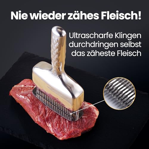 Gourmet Easy Meat tenderiser made of stainless steel, extra long handle, one-piece and sturdy workmanship, steaker with ultra-sharp blades, rust-proof and dishwasher safe, 5 year replacement promise