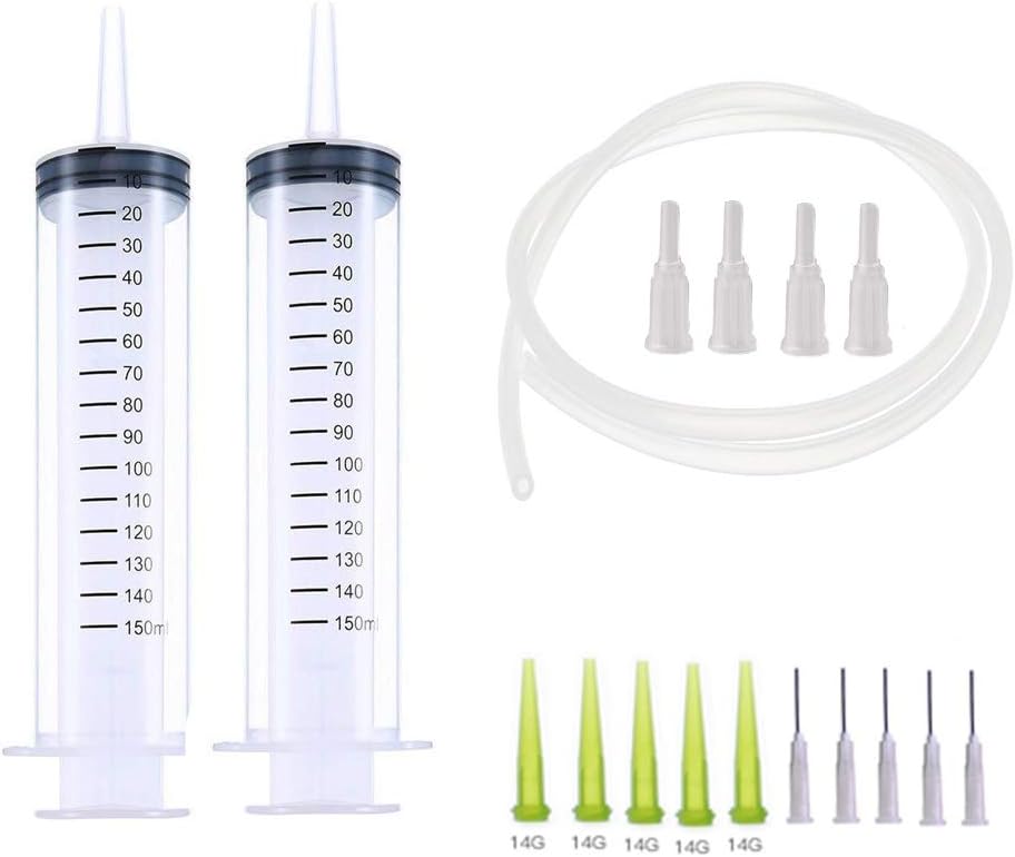 2 Pcs 150ML Large Plastic Reusable Measuring Syringe with 100cm(40") Tubing, 4 Pcs Caps, 10 Pcs Dispenser Needles