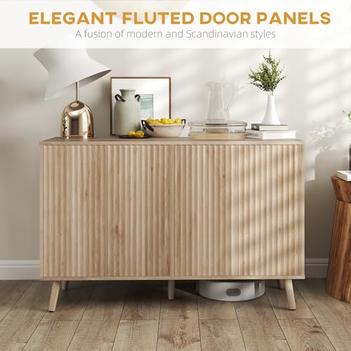 HOMCOM 47" Sideboard Buffet Cabinet with Storage, Modern Fluted Coffee Bar Cabinet with Adjustable Shelves and Wood Legs, Kitchen Credenza, Oak