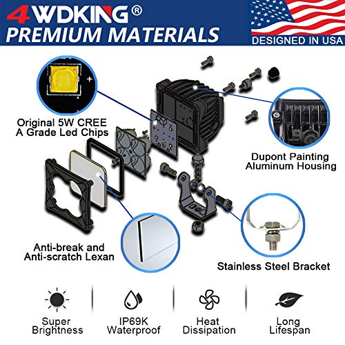 4WDKING LED Pods Flood Light Bar - 2PCS 40W CREE LED Off Road Work Light Truck Fog Lamp Tail Light IP69K Waterproof ATV Cube Lights