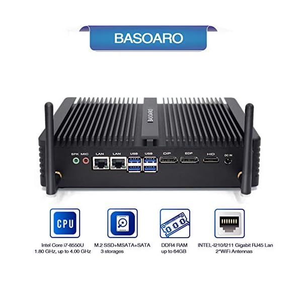 BASOARO Mini Desktop PC Fanless Computer Intel Core i7 8550U, Windows 10 Pro Mini PC, 16G RAM 512G SSD, HD/DP/EDP, Dual…