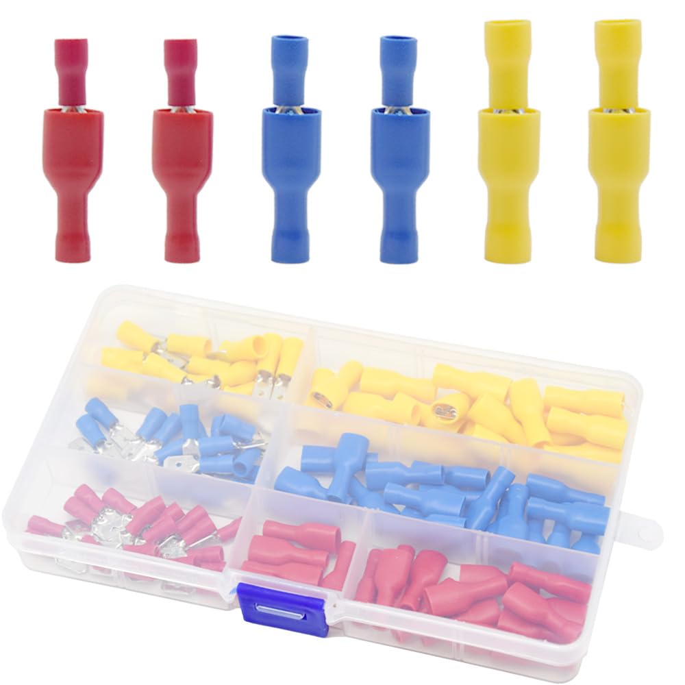 Yosawo 120 pieces AWG 22-16 16-14 12-10 PVC Fully Insulated Male/Female Spade Quick Disconnect Electrical Insulated Crimp Terminals Connectors Set(PVCGM)