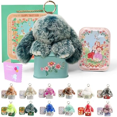 激レア　LITTLE GREY RABBITオルゴール　アクセサリーケース surell - Genuine Rex Rabbit Fur Pom Bunny Rabbit Keychain - Cute