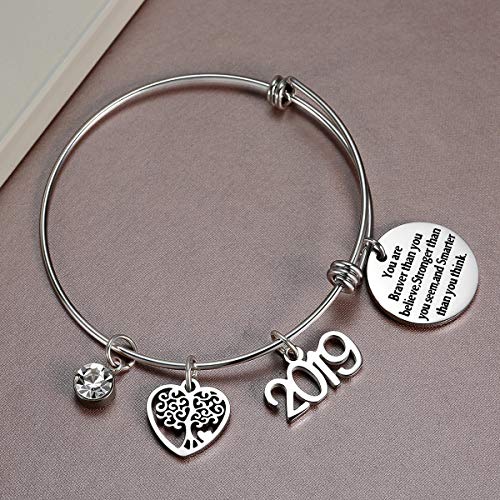 AZORA Graduation Gift Jewelry You are Braver Than You Think Inspirational Bracelet with 2019 & Tree of Life Charm Engraved Graduate Bangle for Teen Girls Women