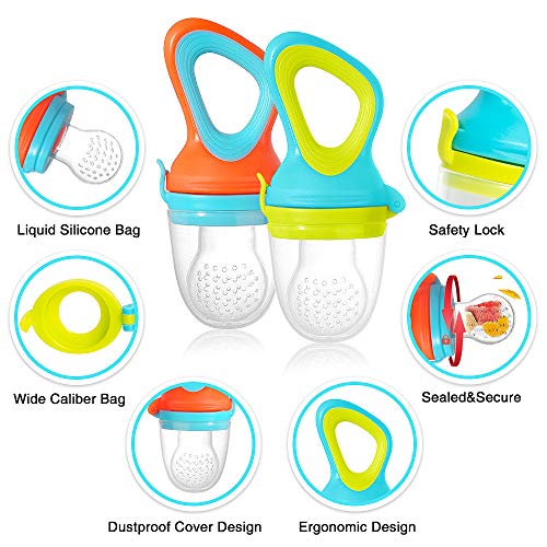 Baby Fruit Feeder Pacifier (2 Pack) Fresh Food Feeder with 3 Sizes Silicone Pouches Infant Fruit Teething Toy Includes 2 Pack Pacifier Clips and 4 Pack Baby Feeding Spoons