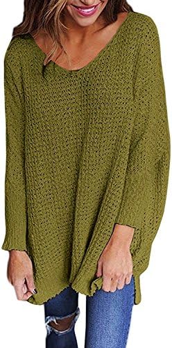 Leindr Women's Tunic Sweater Fashion Casual V Neck Oversized Loose Knitted Baggy Sweater Top Long Sleeve Pullovers Sweater With Side Slits Green L 12 14