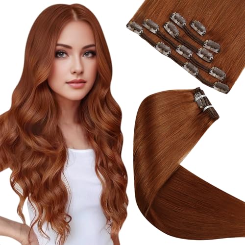 LaaVoo Clip in Extensions Echthaar Rot 50cm Clips in Extensions Auburn Braun Echthaar Extensions Clip Menschenhaar 5PCS 80g #33