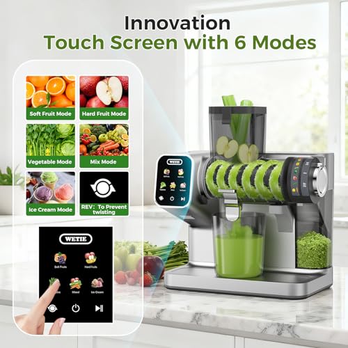WETIE Exprimidor de prensa en frío, potentes máquinas exprimidoras con presión de jugo ajustable, 99% de alto rendimiento de jugo, exprimidor silencioso de masticaje lento con visualización táctil